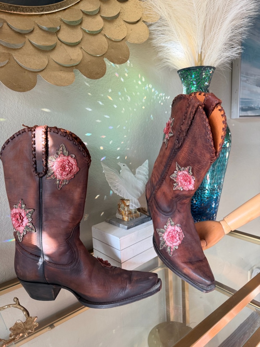 Shyanne Women's Brown Leather Lace-Up Western Boots with Pink Floral Embroidery - Picture 3 of 9